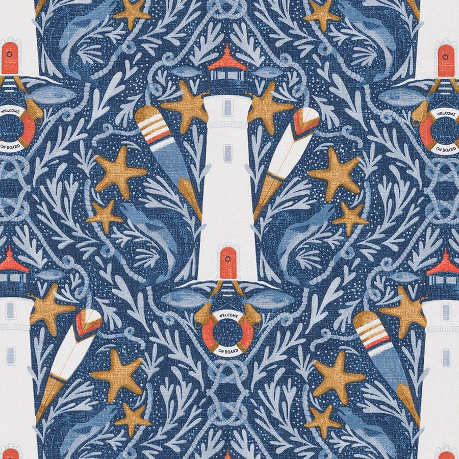 Indigo coastal cotton fabric with lighthouses, stars and lifebuoys