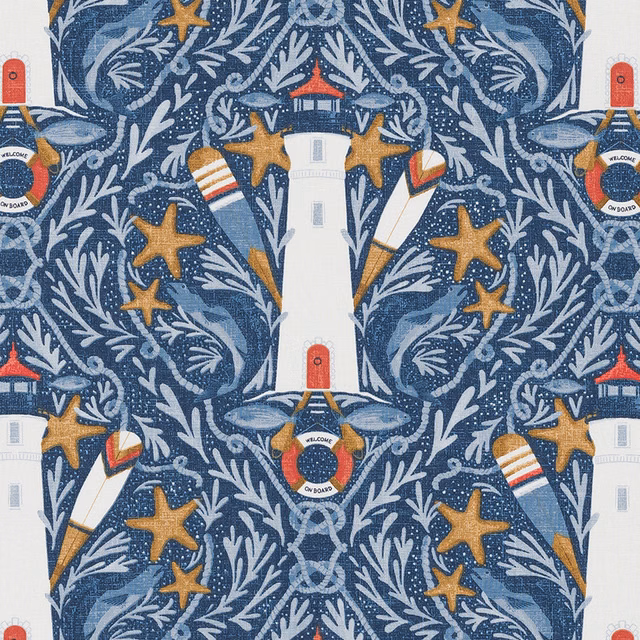 Indigo coastal cotton fabric with lighthouses, stars and lifebuoys