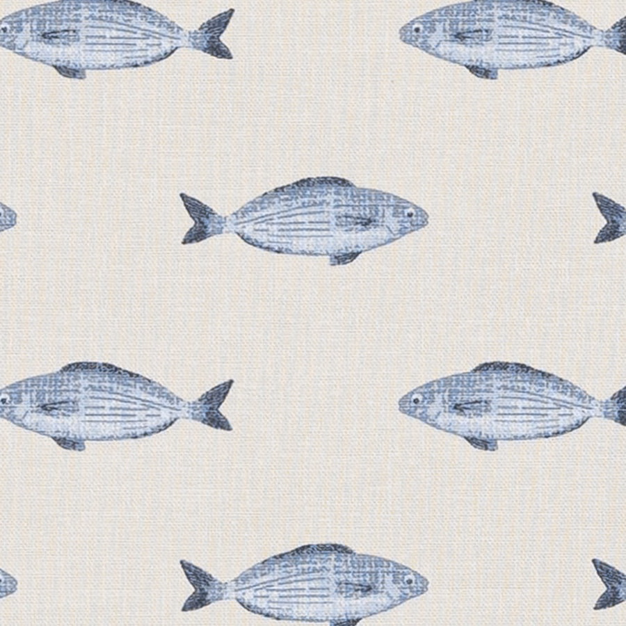 Blue fish motif printed on an ivory cotton fabric swatch