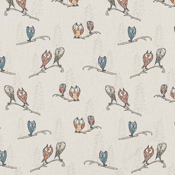 Cream cotton fabric with illustrated owls perched on fine branches