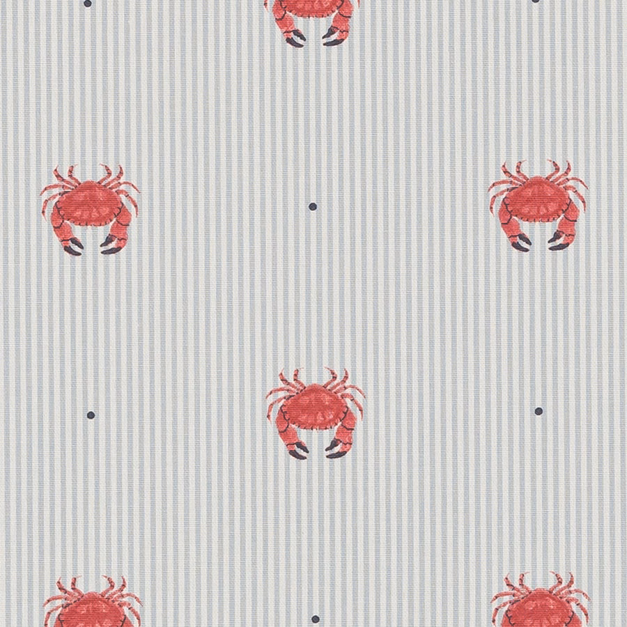 Coral-red crab motif on a pale striped cotton fabric