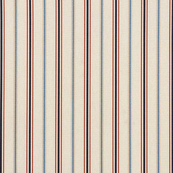 Cream cotton stripe fabric with red, blue and taupe narrow bands