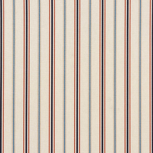 Cream cotton stripe fabric with red, blue and taupe narrow bands
