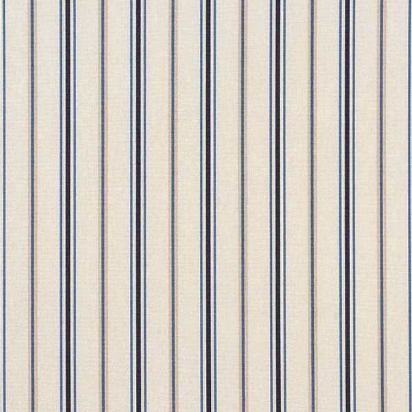 Cream cotton fabric with narrow navy and pale blue vertical stripes