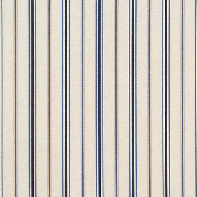 Cream cotton fabric with narrow navy and pale blue vertical stripes