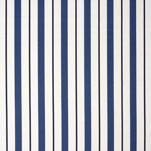 Cream fabric swatch with bold navy vertical stripes and fine pinstripes