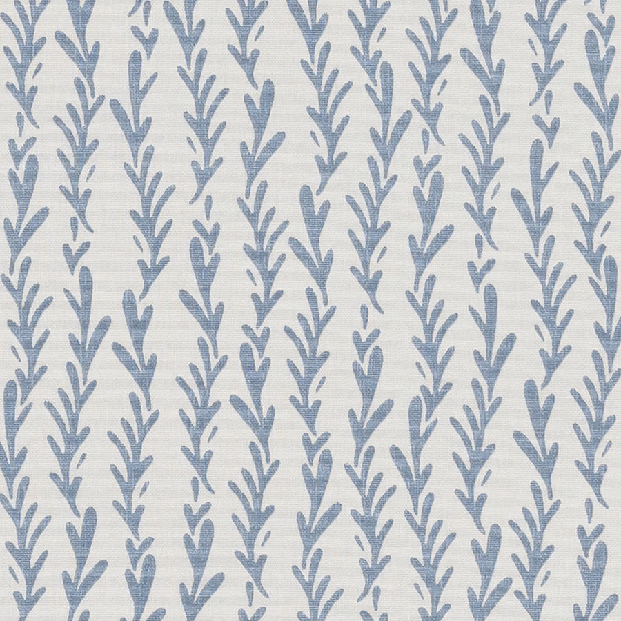 Soft dusty blue vertical sprig stripe on an off-white cotton ground