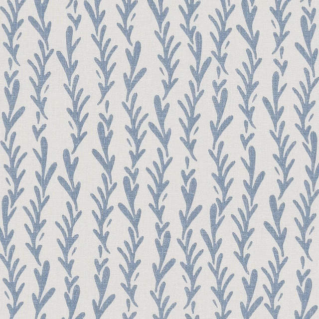 Soft dusty blue vertical sprig stripe on an off-white cotton ground