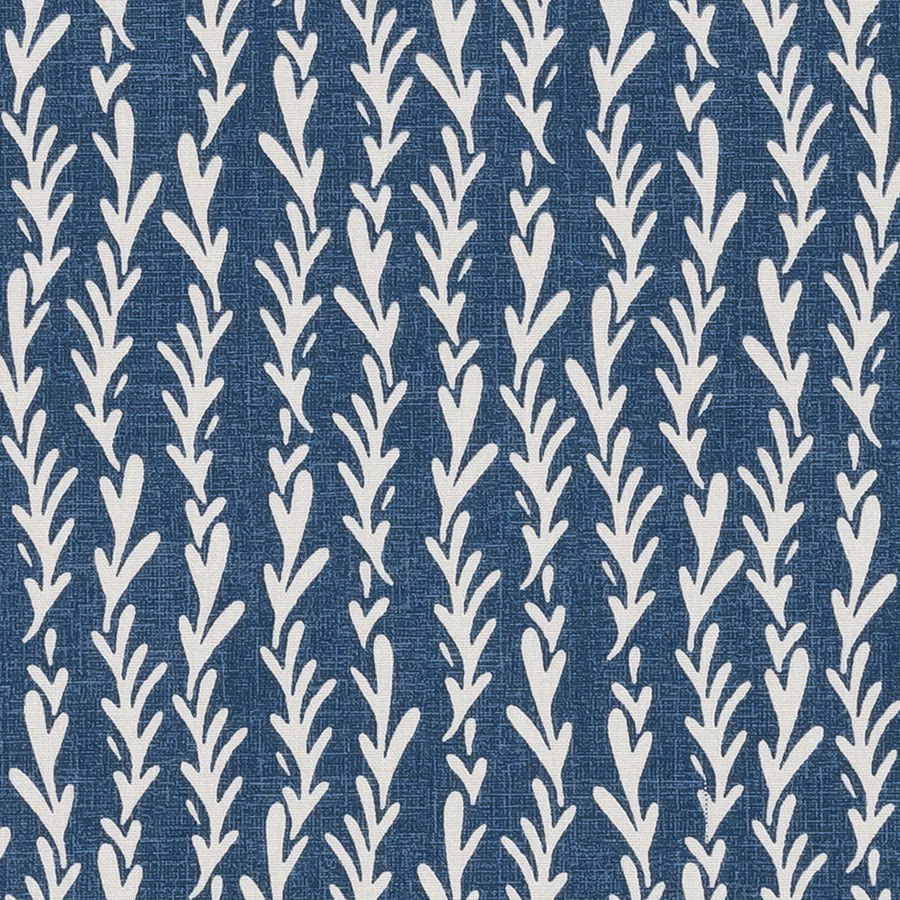 Blue cotton fabric with vertical ivory leaf stripe pattern and woven texture