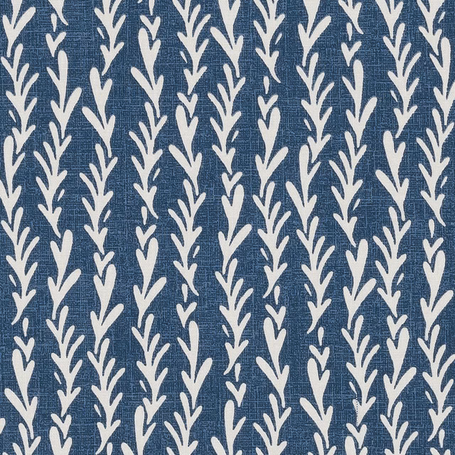 Blue cotton fabric with vertical ivory leaf stripe pattern and woven texture