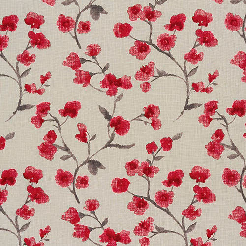 Cream cotton fabric with cherry-red blossom and grey-brown branching stems