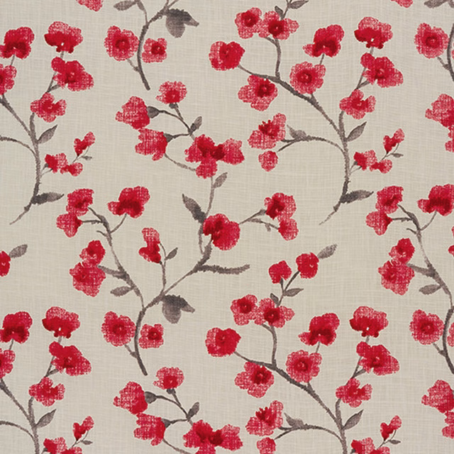 Cream cotton fabric with cherry-red blossom and grey-brown branching stems