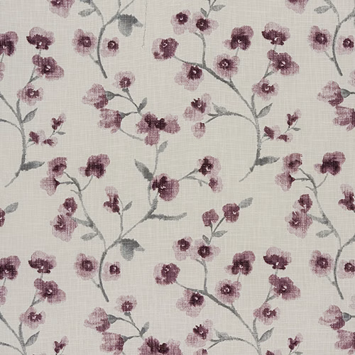 Pale cotton fabric with trailing grape-purple floral sprigs and grey-green stems