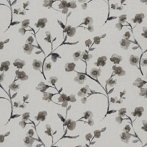 Pale grey cotton fabric with a delicate trailing floral print in warm grey and charcoal