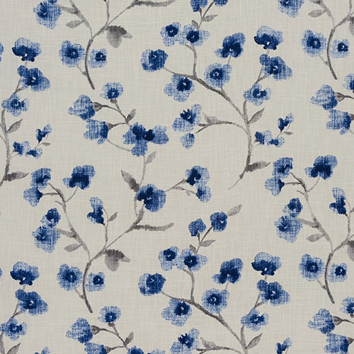 Blue and grey painterly floral print on a pale cotton ground