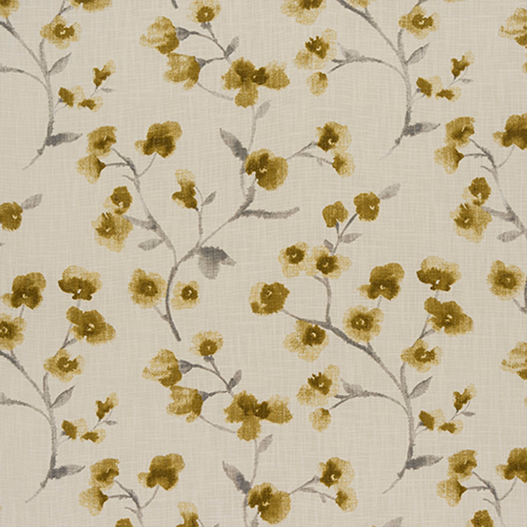 Cream cotton fabric with trailing ochre flowers and grey branches