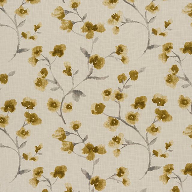 Cream cotton fabric with trailing ochre flowers and grey branches