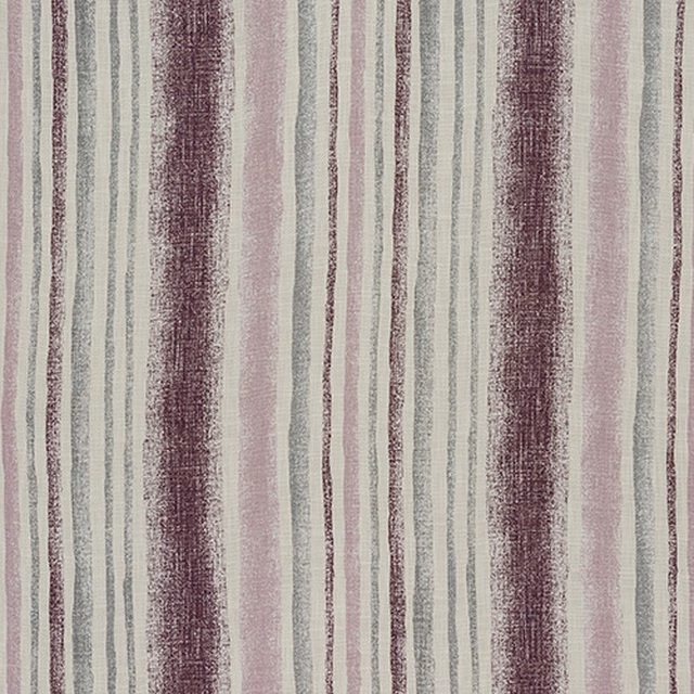 Vertical grape plum and blush stripes on a pale neutral cotton fabric swatch