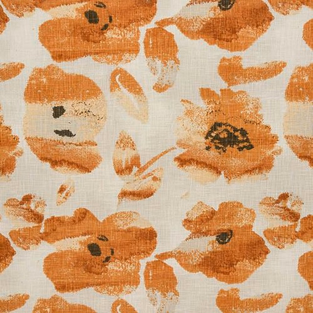 Cream cotton fabric with large burnt orange painterly floral print