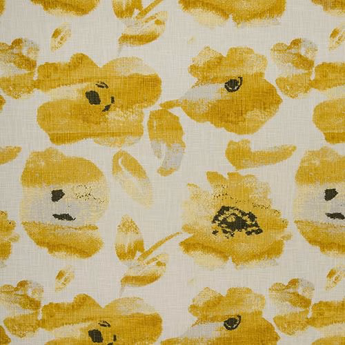 Close-up of ochre painterly floral cotton fabric with dark centres on a pale ground.