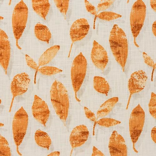 Burnt orange leaf print on pale cotton ground with a textured weave
