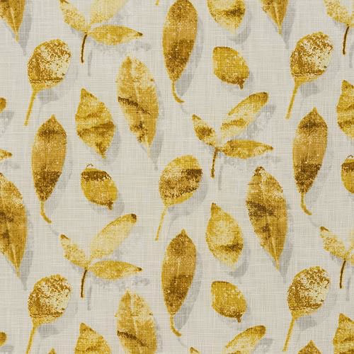Ochre leaf-print cotton swatch on a pale textured ground