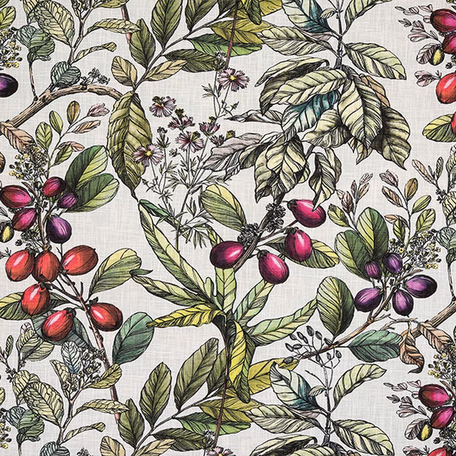 Botanical fabric swatch with cream ground, green leaves and magenta-purple berries