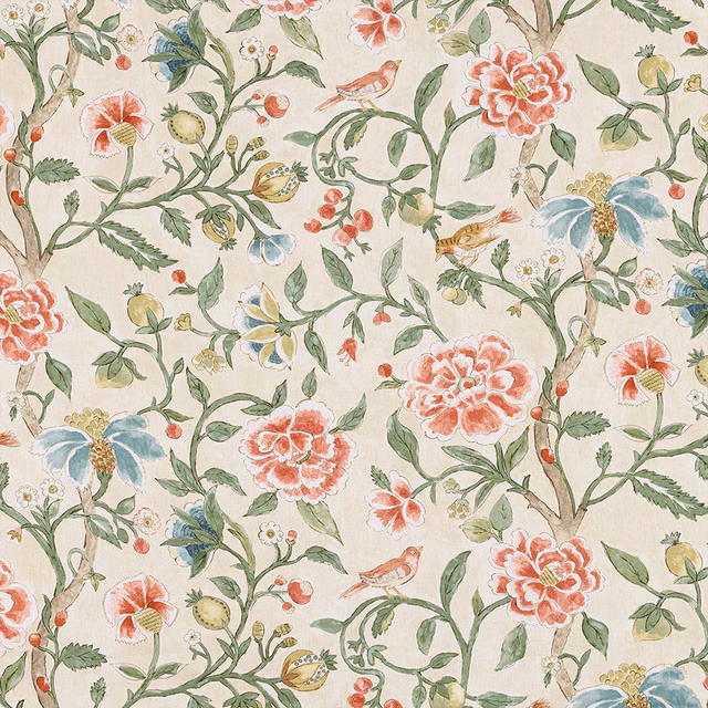 Painterly floral linen print with bordeaux red blooms, green vines and pale blue accents on a light ground
