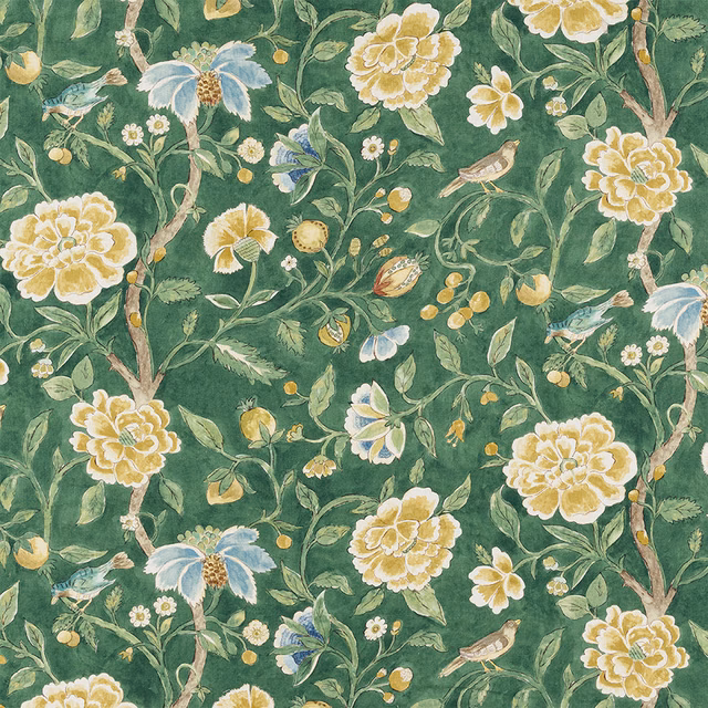 Jade green floral linen with yellow blooms, blue accents, and bird motifs