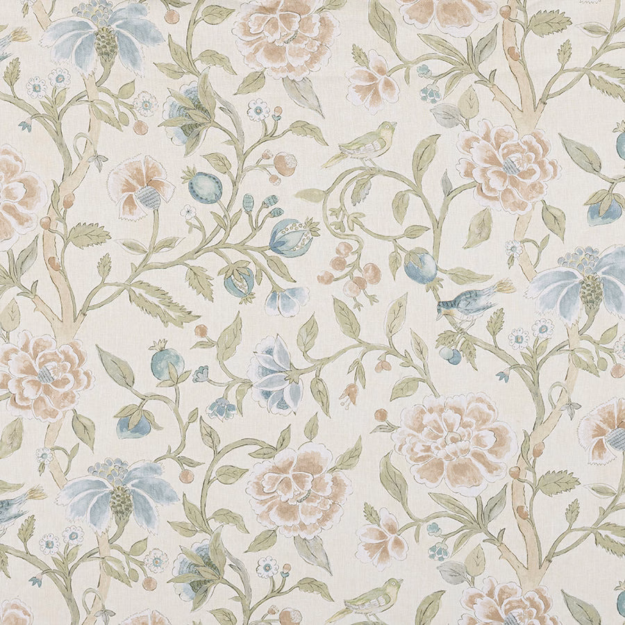 Soft floral linen print in mineral blue, sage green and blush on an ivory ground