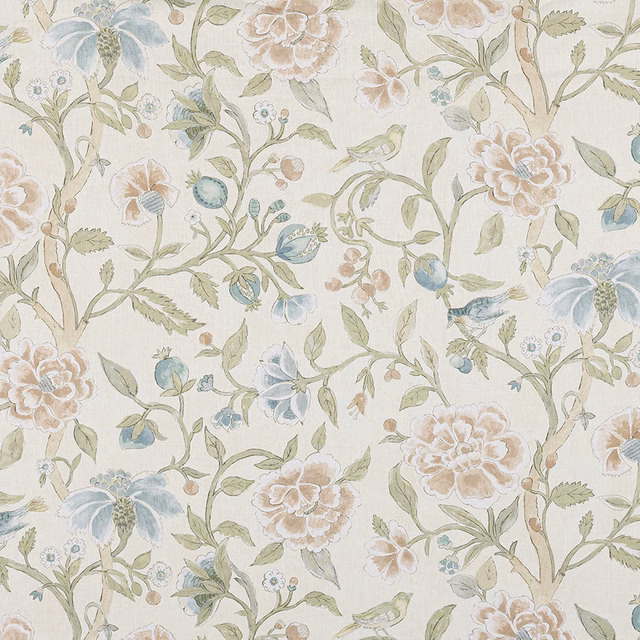 Soft floral linen print in mineral blue, sage green and blush on an ivory ground