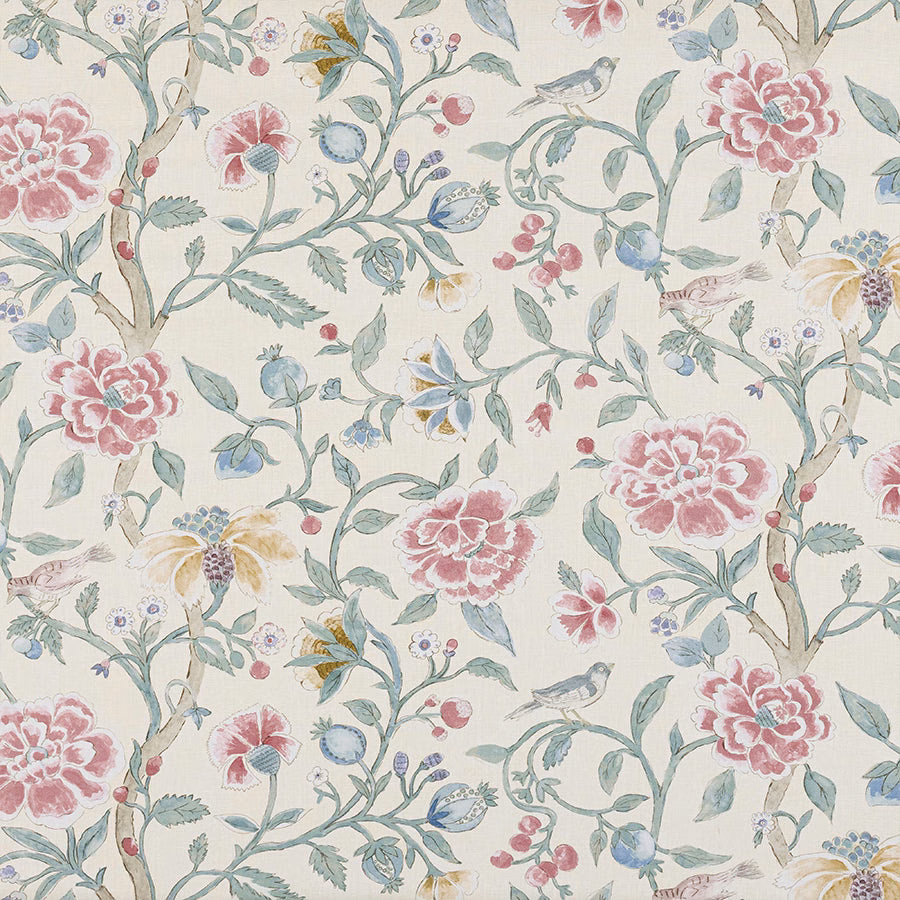 Painterly peony floral on ivory linen with pink blooms and blue-green stems