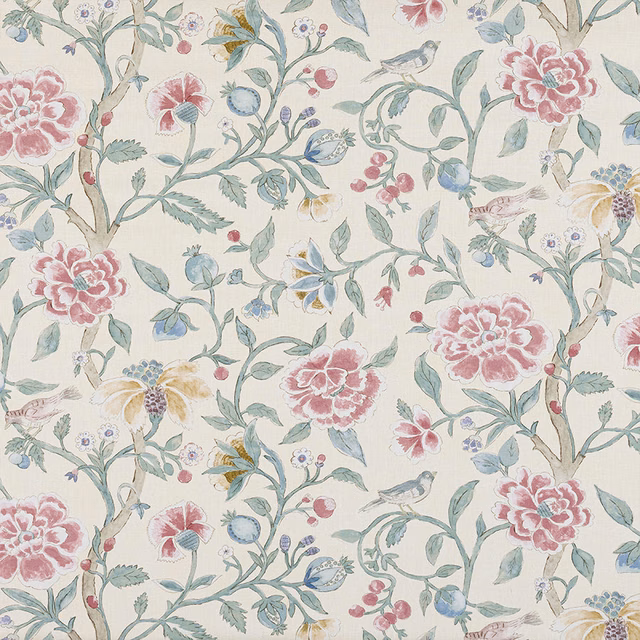 Painterly peony floral on ivory linen with pink blooms and blue-green stems