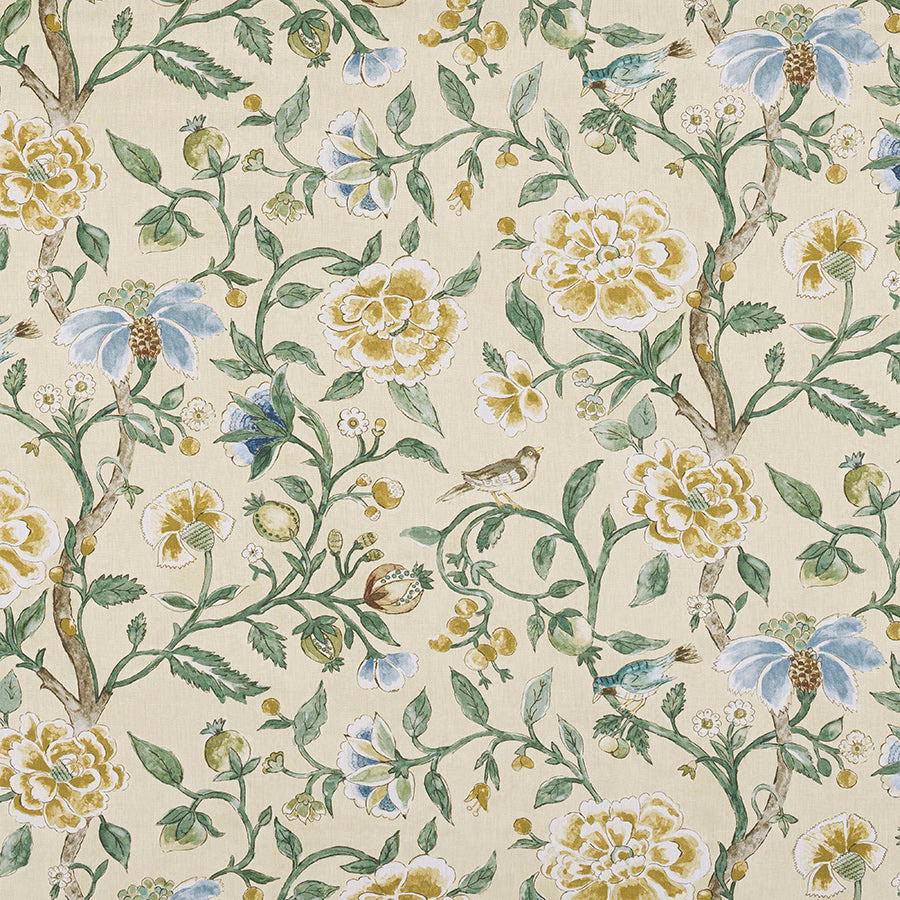 Painterly floral and bird print on soft cream linen with green trailing stems