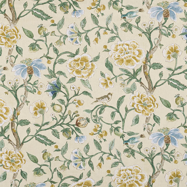 Painterly floral and bird print on soft cream linen with green trailing stems