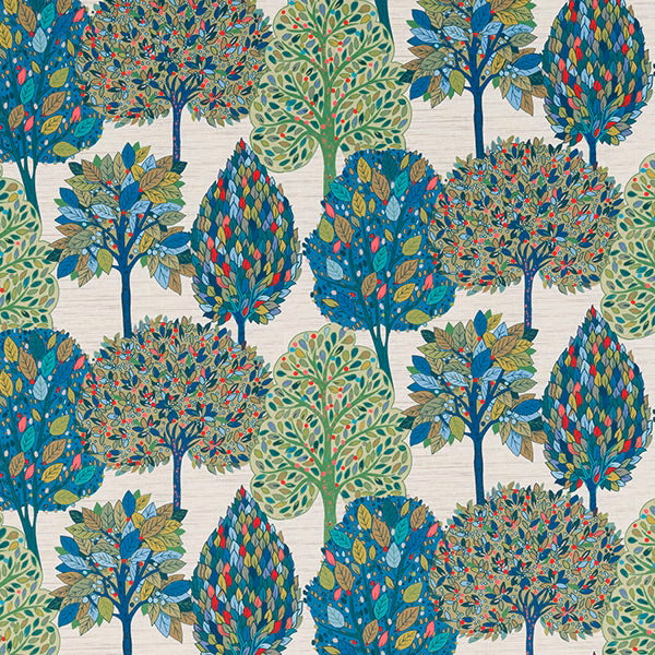 Large stylised tree print in teal, green, red and yellow on a pale ground