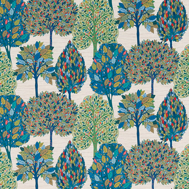 Large stylised tree print in teal, green, red and yellow on a pale ground