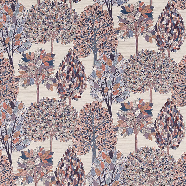 Pale tree-print fabric with soft pink, blue and taupe leaves on a cloud-beige ground