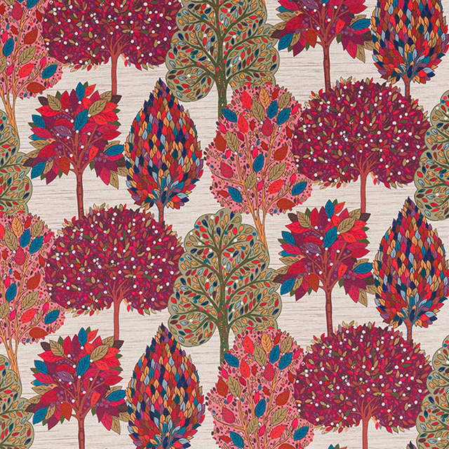 Large-scale tree print in mulberry red, teal, pink and green on a pale woven ground