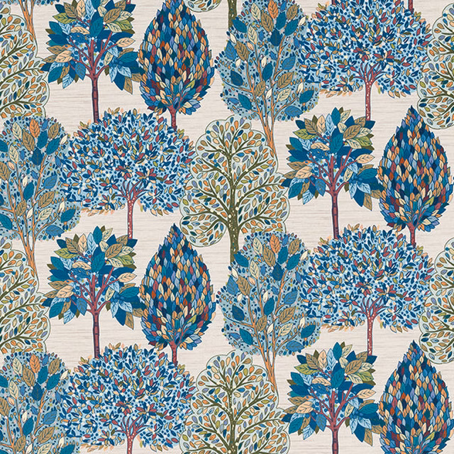 Illustrated tree print fabric in teal, blue and sage on a cream ground
