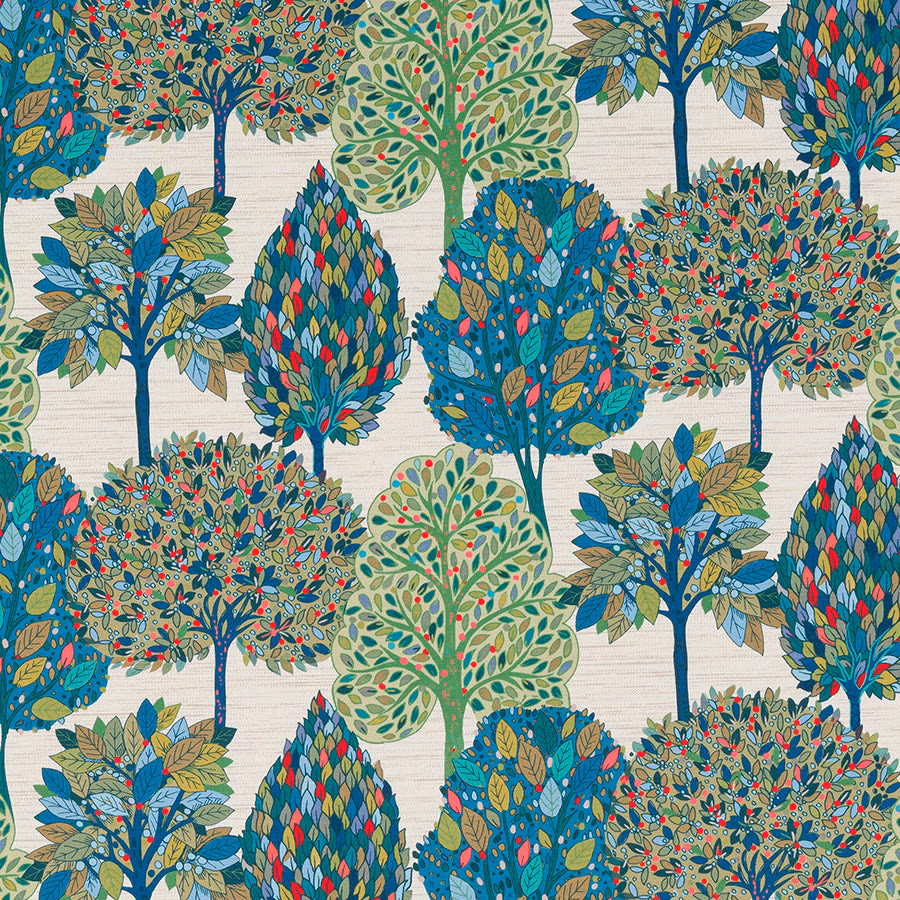 Colourful tree-print velvet with teal trunks, green foliage and coral accents