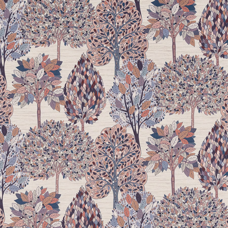 Cream velvet fabric with whimsical multicoloured tree motifs and foliage