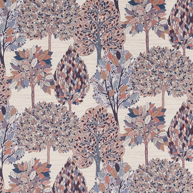 Cream velvet fabric with whimsical multicoloured tree motifs and foliage