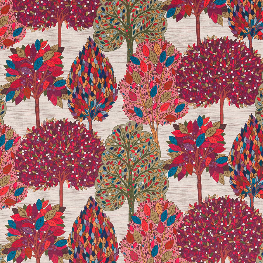 Stylised multicoloured tree pattern on cream velvet ground with mulberry canopies