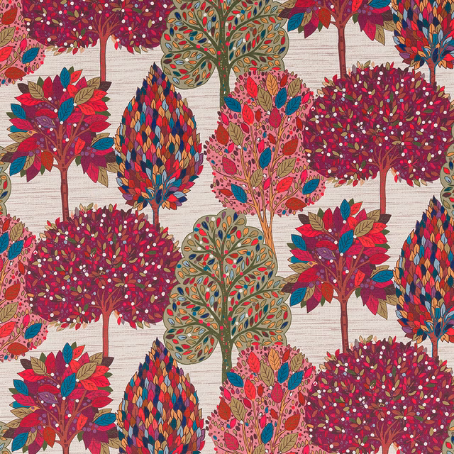 Stylised multicoloured tree pattern on cream velvet ground with mulberry canopies