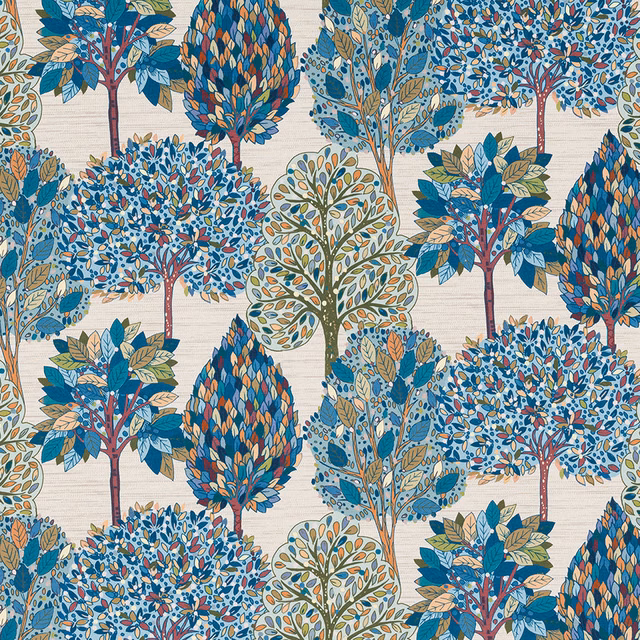 Patterned teal velvet with stylised trees in blue, olive and burgundy on an ivory ground