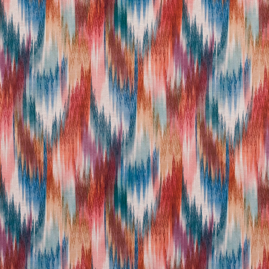 Colourful zigzag ikat-style fabric with pink, teal, coral and ivory vertical bands