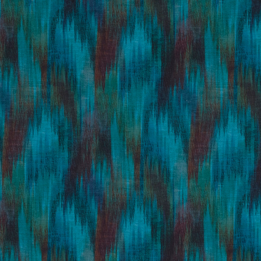 Abstract teal fabric swatch with plum and charcoal vertical streaks