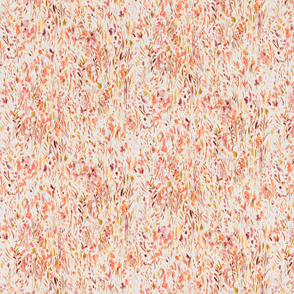 Cream cotton fabric with scattered spice, coral and ochre botanical sprigs