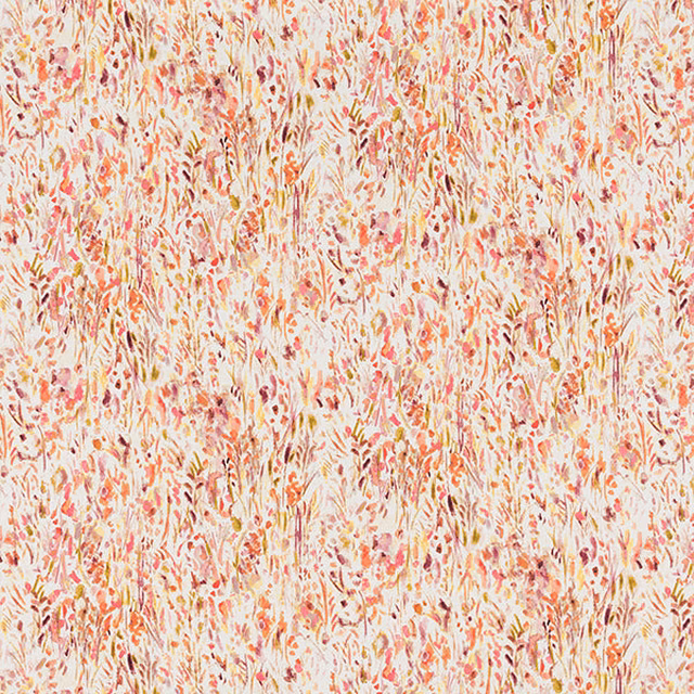 Cream cotton fabric with scattered spice, coral and ochre botanical sprigs